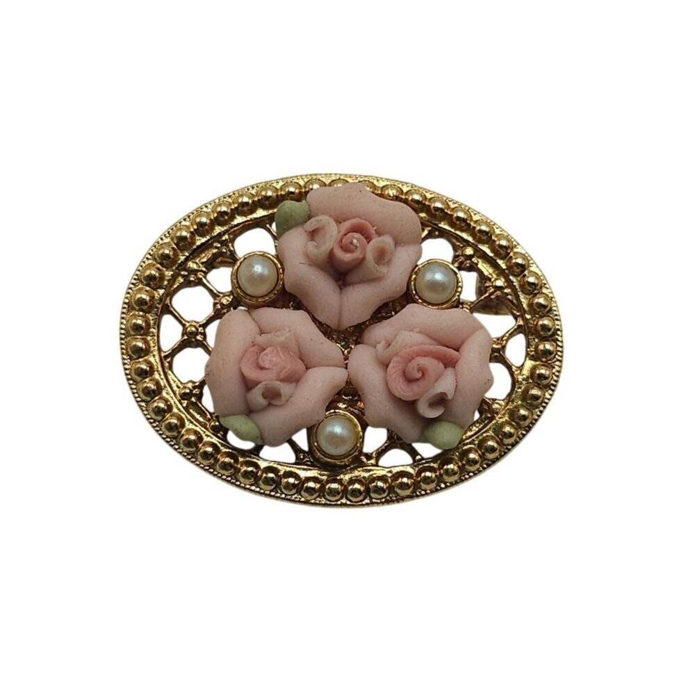 Vintage 1928 Co Pink Roses Faux Pearls Lattice Gold Tone Beaded Rim Brooch